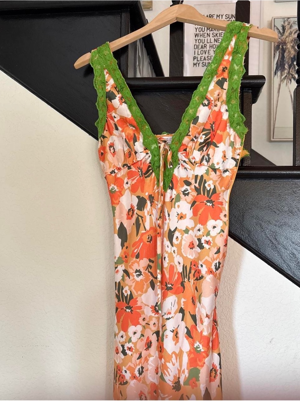 Floral Orange Slip Dress with Green Lace Trim